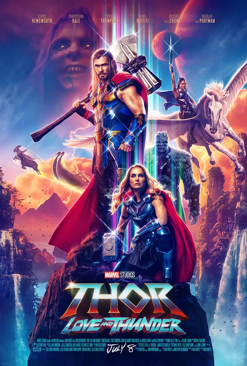 Thor: Love and Thunder theatrical poster showing Thor, Mighty Thor and the ensemble