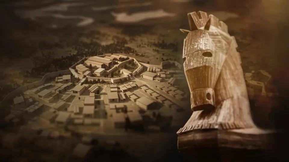 Official Troy: Birth of a Myth episode cover showing a reconstruction of Troy and a wooden horse.