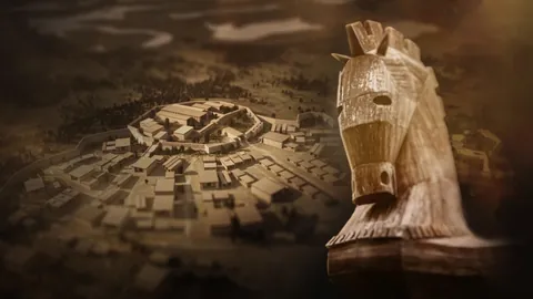 Official Troy: Birth of a Myth episode cover showing a reconstruction of Troy and a wooden horse.
