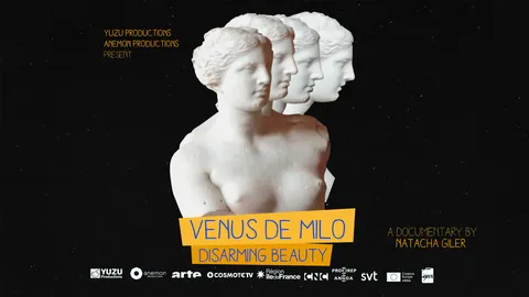 Venus de Milo: Disarming Beauty official title artwork showing three views of the sculpture