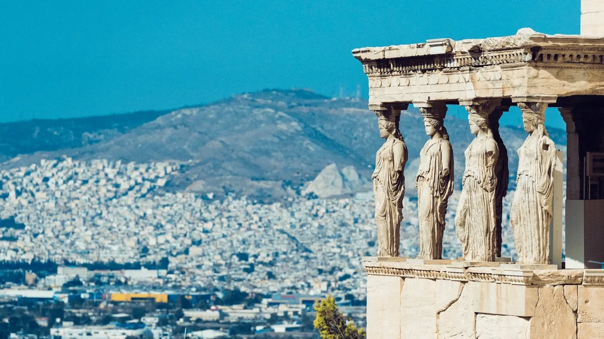 The Caryatids of the Erechtheion above Athens in the Greece episode publicity image