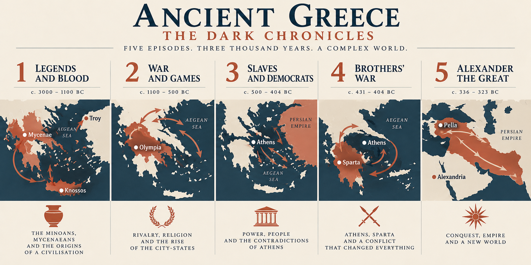 Archaeopolis schematic map and timeline illustrating the five historical themes of Ancient Greece: The Dark Chronicles